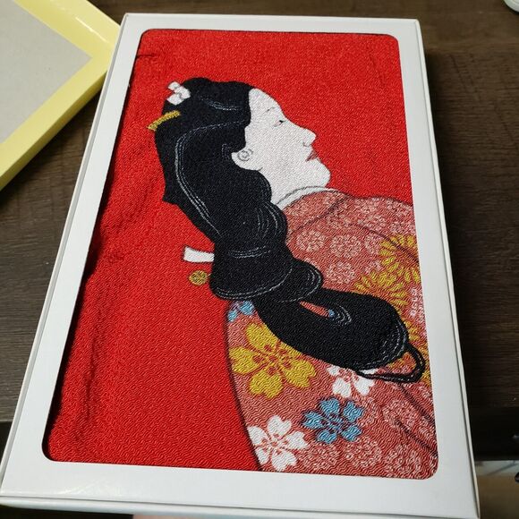 Vintage 1950's Hishikawa Moronobu Japanese Geisha Art Scarf Red Rayon Scarf - Picture 4 of 13